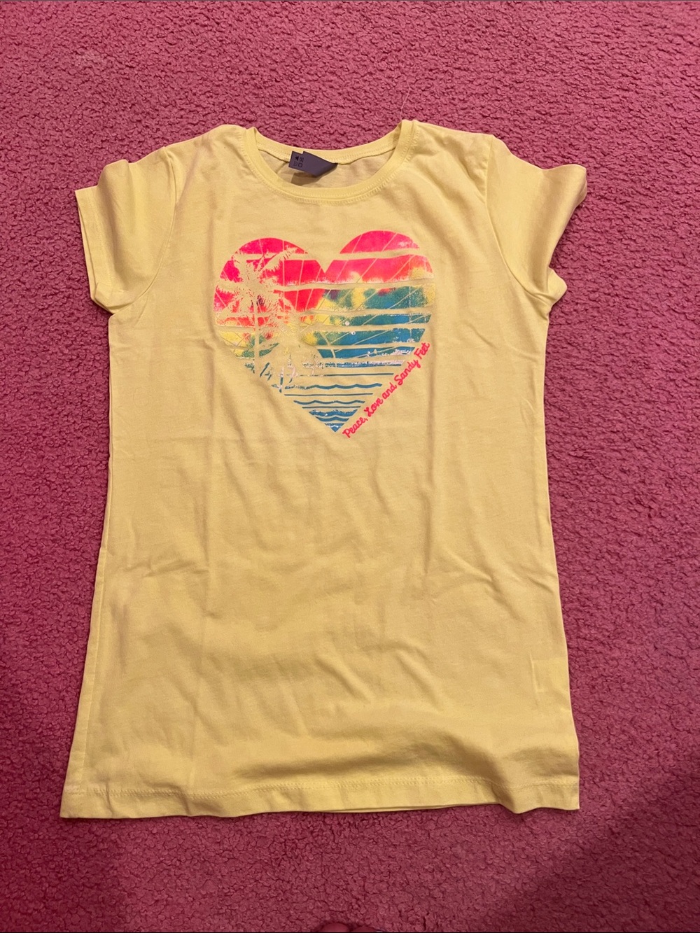 Next Level Apparel Yellow Tee with Multicolor Heart Graphic